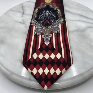 Alberto Celini Men's Tie Silk Red Gothic Diamonds Fleur-De-Lis Stripes Italy